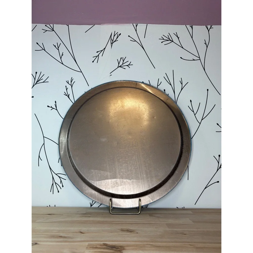 Vintage Giftco Inc Round Metal Serving Tray Goose Sun Hat Blue White Grid 13